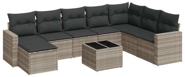 9 részes világosszürke polyrattan kerti ülőgarnitúra párnával