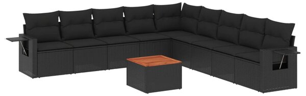 10 részes fekete polyrattan kerti ülőgarnitúra párnákkal