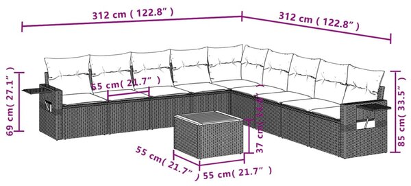 10 részes fekete polyrattan kerti ülőgarnitúra párnákkal