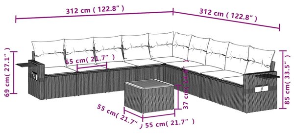 10 részes szürke polyrattan kerti ülőgarnitúra párnákkal