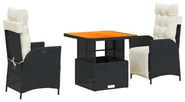 3 részes fekete polyrattan kerti étkezőgarnitúra párnákkal