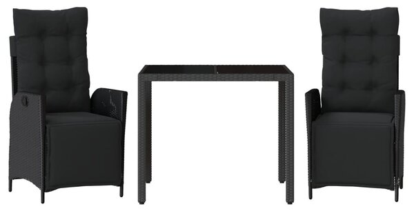 3 részes fekete polyrattan kerti étkezőgarnitúra párnákkal