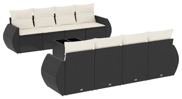 9 részes fekete polyrattan kerti ülőgarnitúra párnákkal