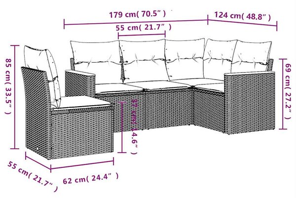 5 részes fekete polyrattan kerti kanapészett párnákkal