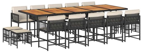 15 részes fekete polyrattan kerti étkezőgarnitúra párnákkal