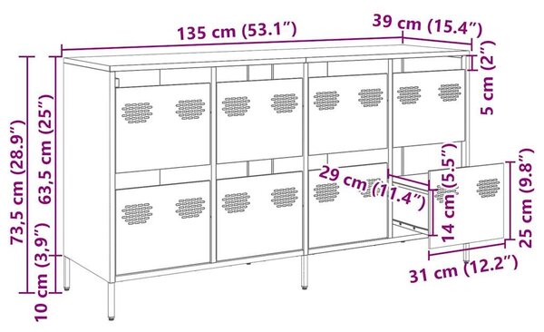 VidaXL fekete hidegen hengerelt acél tálalószekrény 135x39x73,5 cm