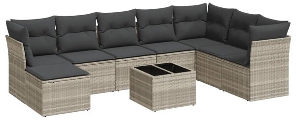 9 részes világosszürke polyrattan kerti ülőgarnitúra párnával