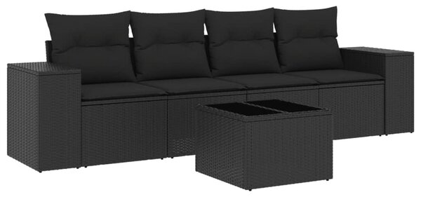 5 részes fekete polyrattan kerti kanapészett párnákkal