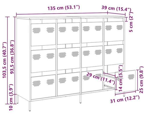 VidaXL fekete hidegen hengerelt acél tálalószekrény 135x39x103,5 cm