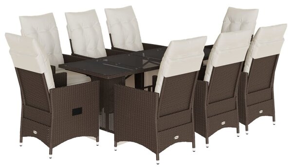 9 részes barna polyrattan kerti bisztrógarnitúra párnákkal