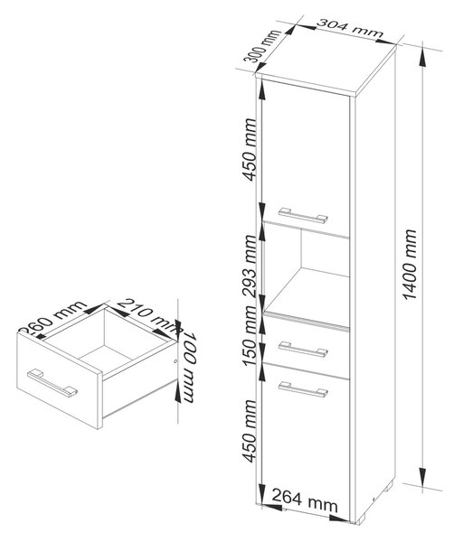 Akord - FIN Fürdőszobai Szekrény 140 cm, 2 Ajtós, 1 Fiókos, Függeszthető és Álló - Fehér/Szürke