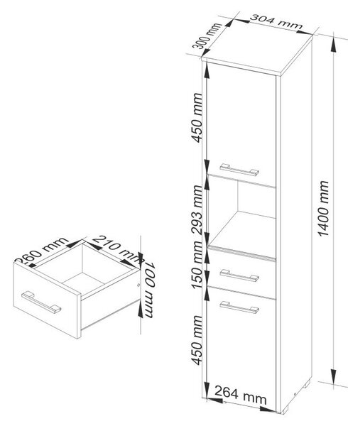 Akord - FIN Fürdőszobai Szekrény 140 cm, 2 Ajtós, 1 Fiókos, Függeszthető és Álló - Fehér/Szürke