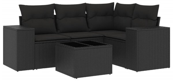 5 részes fekete polyrattan kerti kanapészett párnákkal