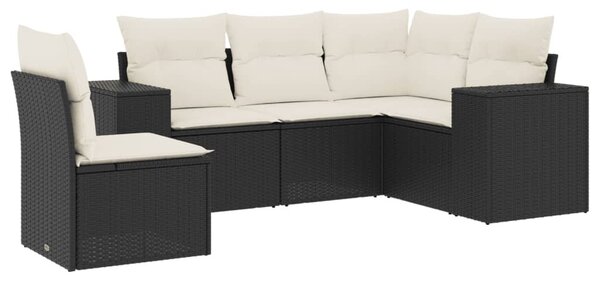 5 részes fekete polyrattan kerti kanapészett párnákkal