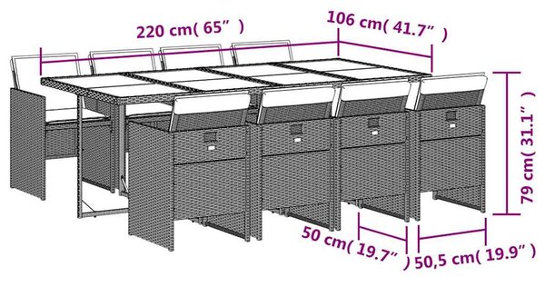 9 részes fekete polyrattan kerti étkezőgarnitúra párnákkal