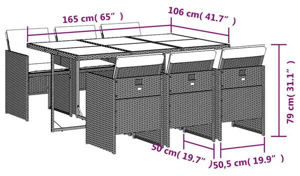 7 részes fekete polyrattan kerti étkezőgarnitúra párnával