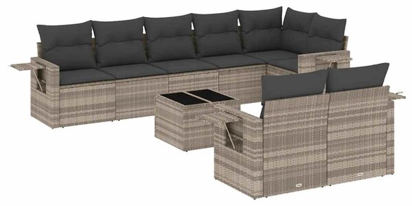 9 részes világosszürke polyrattan kerti ülőgarnitúra párnával