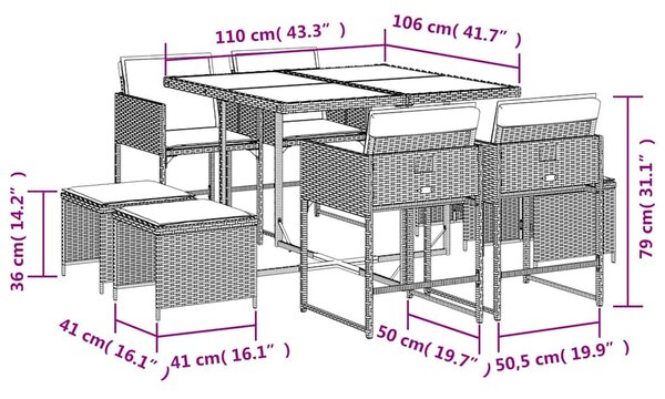 9 részes fekete polyrattan kerti étkezőgarnitúra párnákkal