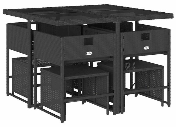 9 részes fekete polyrattan kerti étkezőgarnitúra párnákkal