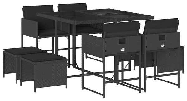 9 részes fekete polyrattan kerti étkezőgarnitúra párnákkal