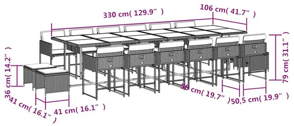 17 részes fekete polyrattan kerti étkezőgarnitúra párnákkal