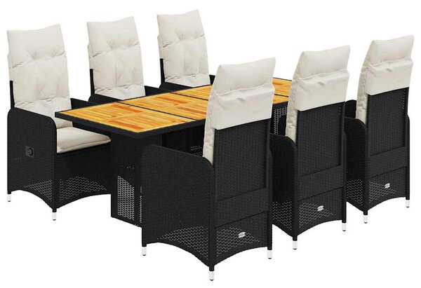 7 részes fekete polyrattan kerti bisztrógarnitúra párnákkal