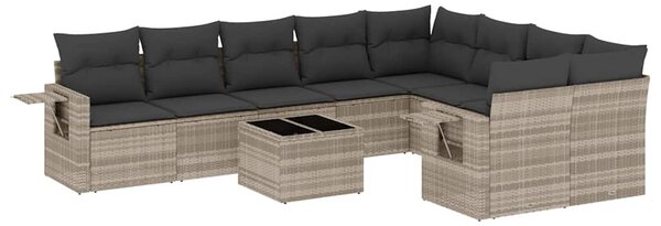 10 részes világosszürke polyrattan kerti ülőgarnitúra párnákkal