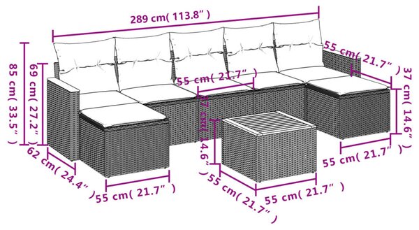8 részes fekete polyrattan kerti ülőgarnitúra párnákkal