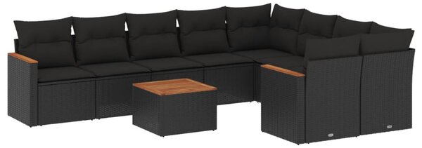 10 részes fekete polyrattan kerti ülőgarnitúra párnákkal