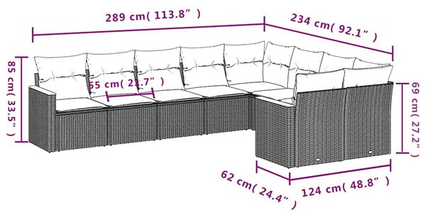 9 részes fekete polyrattan kerti ülőgarnitúra párnákkal