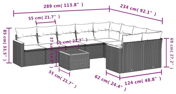 10 részes fekete polyrattan kerti ülőgarnitúra párnákkal