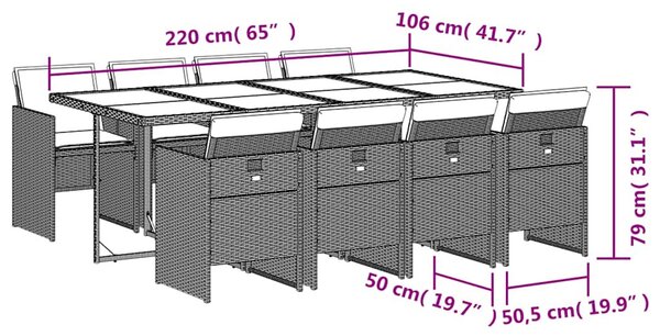 9 részes szürke polyrattan kerti étkezőgarnitúra párnával