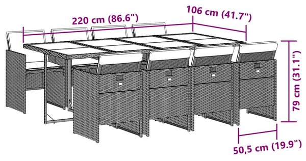 9 részes fekete polyrattan kerti étkezőgarnitúra párnákkal