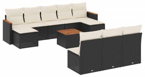 11 részes fekete polyrattan kerti ülőgarnitúra párnákkal