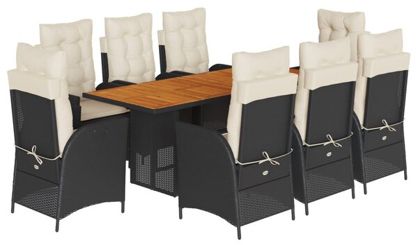9 részes fekete polyrattan kerti étkezőgarnitúra párnákkal
