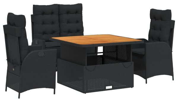 4 részes fekete polyrattan kerti étkezőszett párnákkal