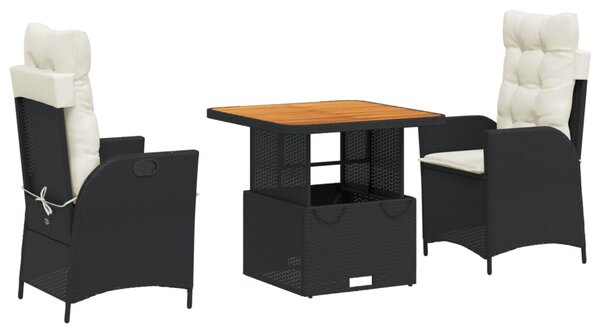 3 részes fekete polyrattan kerti étkezőgarnitúra párnákkal