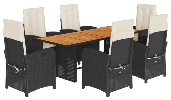 7 részes fekete polyrattan kerti étkezőgarnitúra párnával