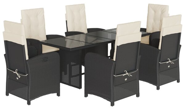 7 részes fekete polyrattan kerti étkezőgarnitúra párnával