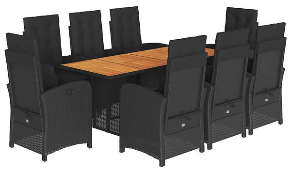 9 részes fekete polyrattan kerti étkezőgarnitúra párnákkal