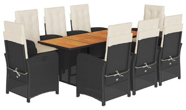 9 részes fekete polyrattan kerti étkezőgarnitúra párnákkal