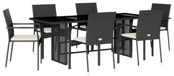 7 részes fekete polyrattan kerti étkezőgarnitúra párnával