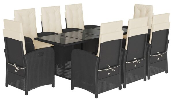 9 részes fekete polyrattan kerti étkezőgarnitúra párnákkal