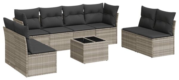 9 részes világosszürke polyrattan kerti ülőgarnitúra párnával