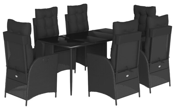 7 részes fekete polyrattan kerti étkezőgarnitúra párnával