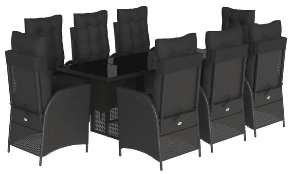 9 részes fekete polyrattan kerti étkezőgarnitúra párnákkal