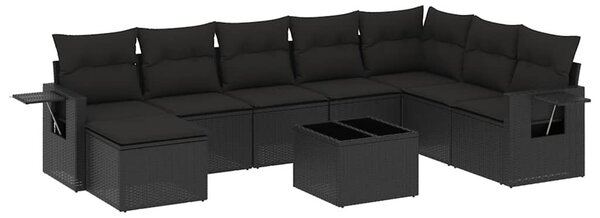 9 részes fekete polyrattan kerti ülőgarnitúra párnákkal