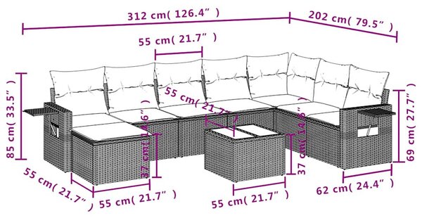 9 részes fekete polyrattan kerti ülőgarnitúra párnákkal