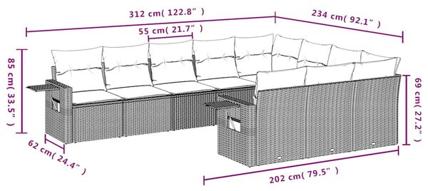10 részes fekete polyrattan kerti ülőgarnitúra párnákkal