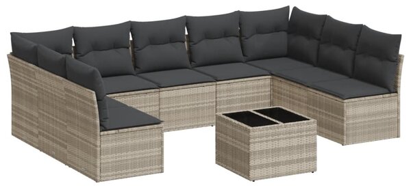 10 részes világosszürke polyrattan kerti ülőgarnitúra párnákkal